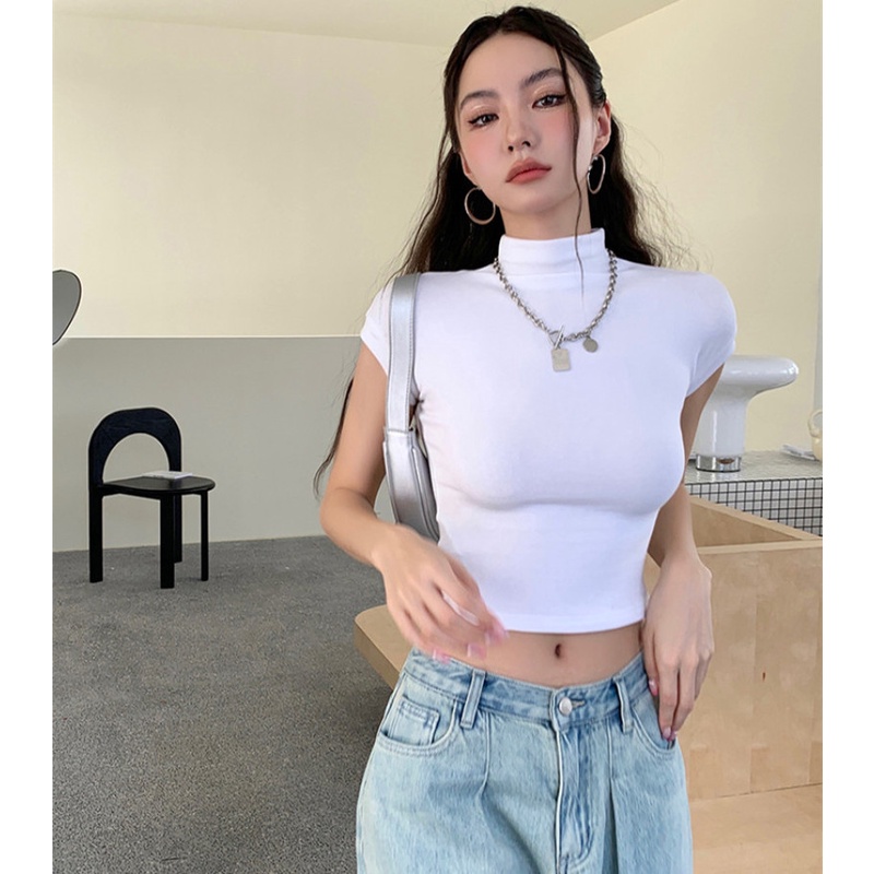 Áo Croptop Tay Ngắn Cổ Cao Thiết Kế Ôm Sát Tôn Dáng
