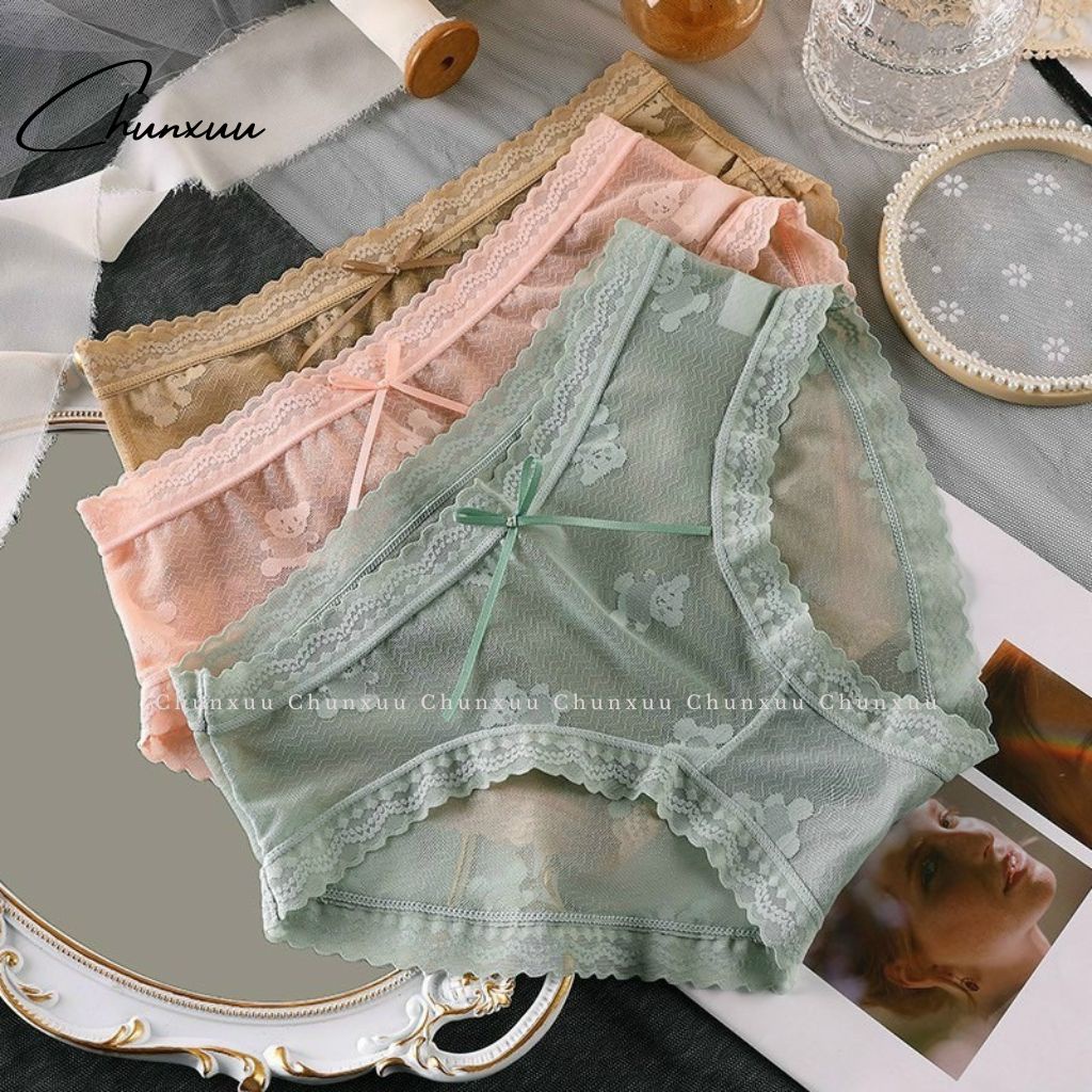 Quần lót ren nữ cao cấp Chunxuu họa tiết gấu chìm phối nơ điệu đà, chất ren mềm mại thông thoáng - QC105