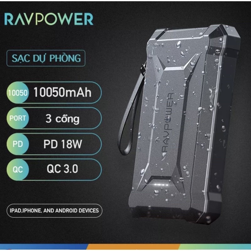 Pin sạc dự phòng chống nước IP67 RAVPOWER RP-PB096 10500mAh PD &amp; QC 3.0 18W