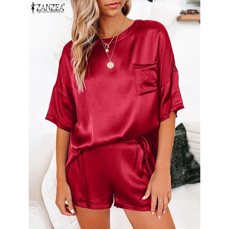 Set đồ Zanzea gồm áo tay lửng cổ tròn kèm quần lưng thun thời trang tùy chọn màu sắc cho nữ
