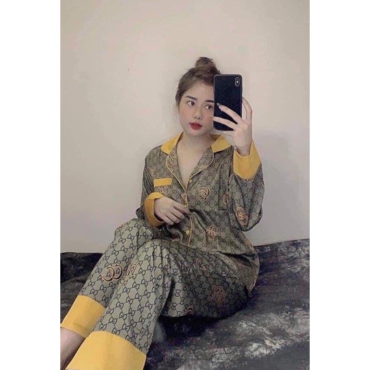 Đồ bộ mặc nhà pijama lụa satin mềm mịn mát hoa văn gucci