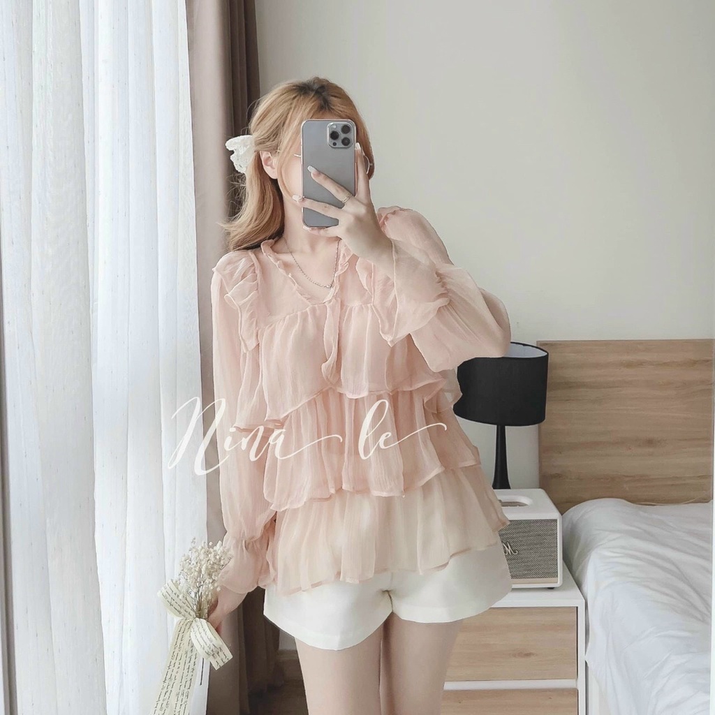 Áo badydoll xòe 3 tầng chất voan đũi 2 màu cam,hồng