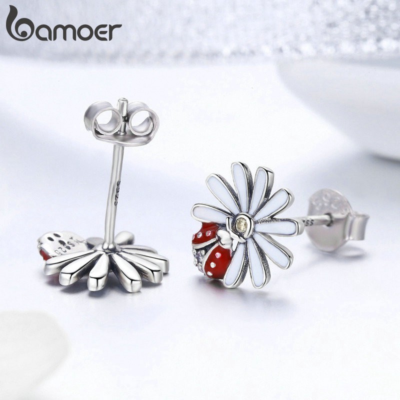 Bông Tai Bamoer SCE459 Bằng Bạc Hình Hoa Và Bọ Rùa Nhiều Màu Sắc Phong Cách Hàn Quốc