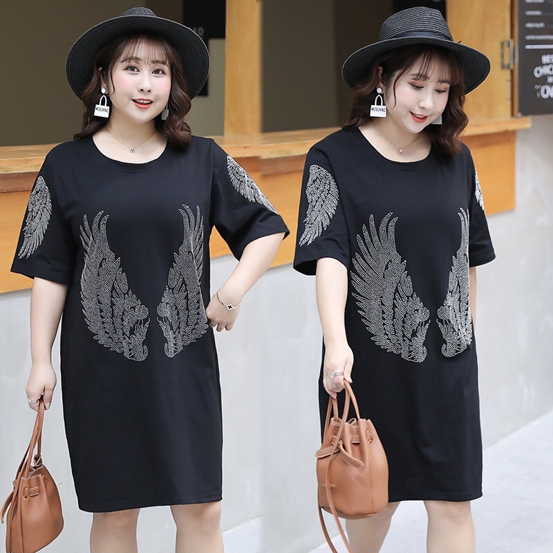 đầm thun suông màu đen big size đính kim sa đôi cánh size 75-85kg