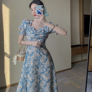 (ORDER) Váy hoa xanh dương dáng dài cổ vuông dúm ngực xẻ tà cao tiểu thư sexy style hè 2020 (HÀNG MỚI 2020)