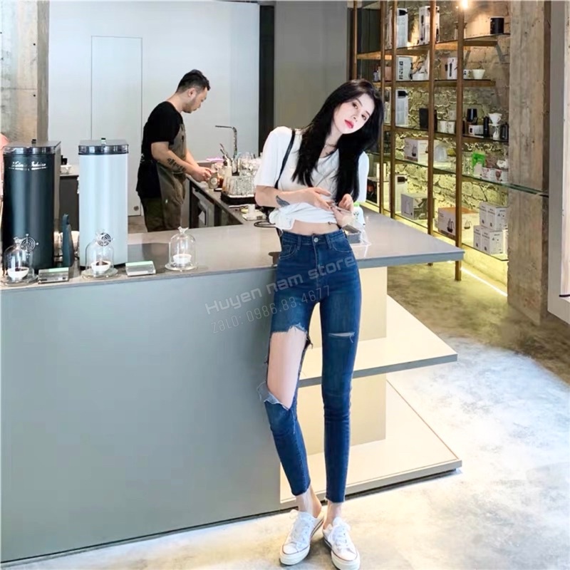 Quần jean nữ xẻ rách - quần dài 90cm cạp cao ôm dáng