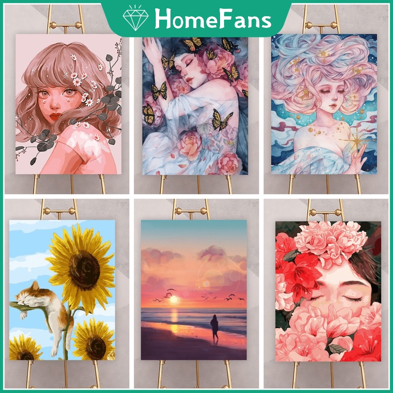 Bộ Tranh Sơn Dầu Trang Trí Nội Thất Hình Cô Gái Xinh Xắn 40x50