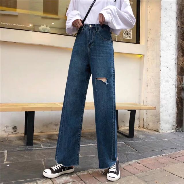 Quần momjeans baggy đậm rách bên kèm ảnh thật ulzzang