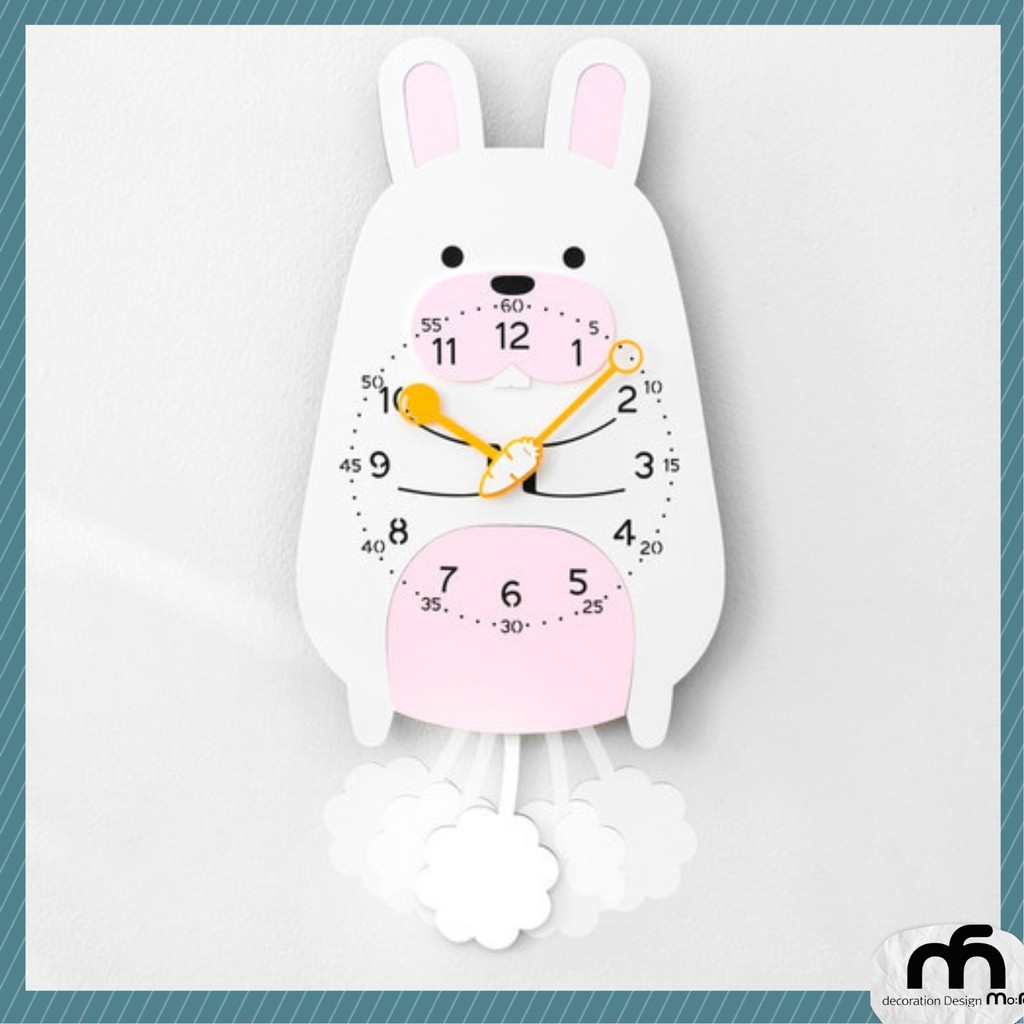 Đồng hồ treo tường, Đồng hồ trang trí kim trôi hình con thỏ màu hồng trắng - Rabit wall clock