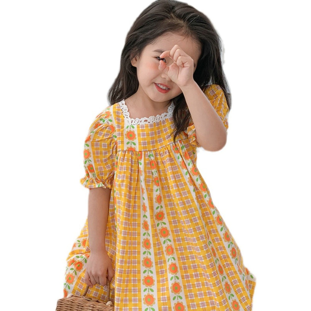 Đầm công chúa BEAR LEADER AZ2763 cổ vuông phối ren kẻ sọc in hoa thời trang hè năm 2022 cho bé gái