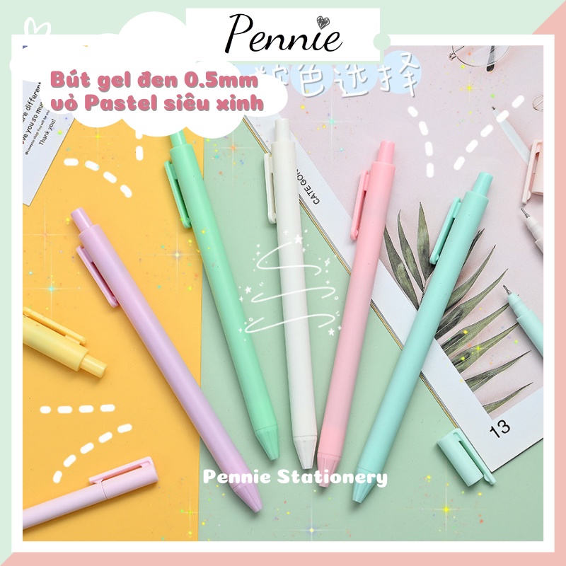 Bút bi bấm mực màu đen Pennie hình dáng xinh xắn vỏ pastel ngòi 0.5mm