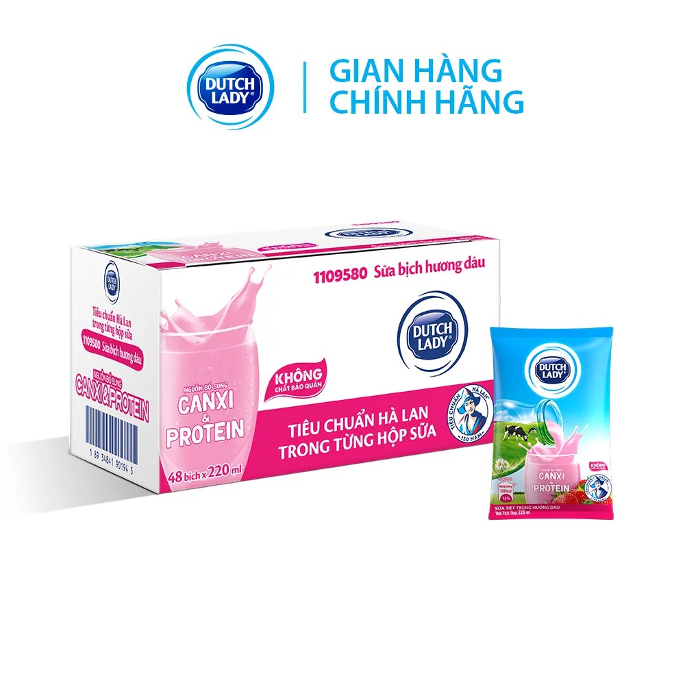 Thùng 48 Bịch Sữa Tiệt Trùng Dutch Lady Cô Gái Hà Lan Dâu (48X210ml)