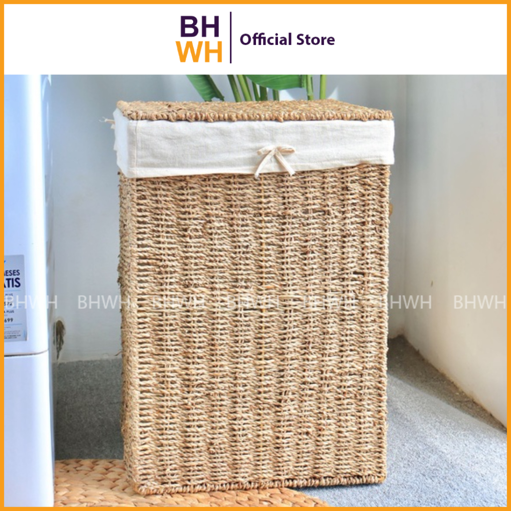 Thùng/ Giỏ Lục Bình, Giỏ Cói Đựng Quần Áo, Hộp đựng Chăn Màn, Thùng có nắp có lót vài bên trong tiện dụng - Bhwh