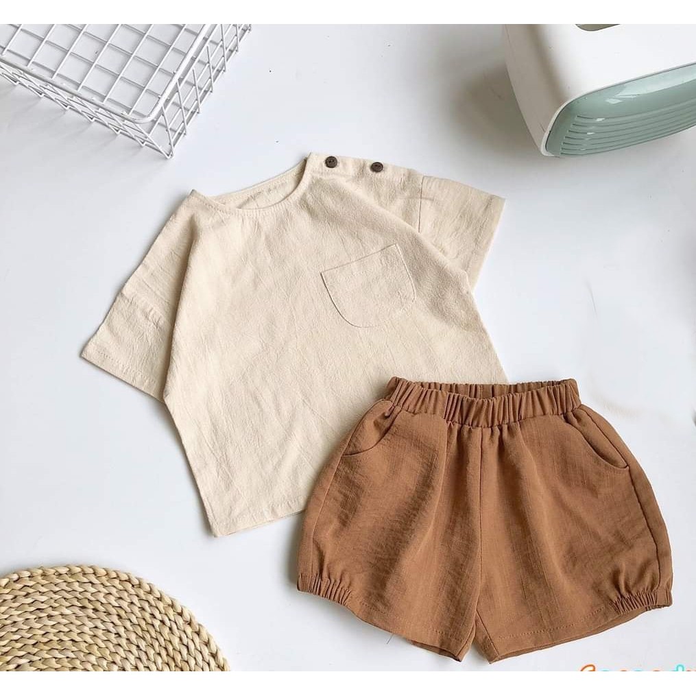 Bộ quần áo cộc tay trẻ em form unisex cho cả bé trai, bé gái, vải linen loại 1