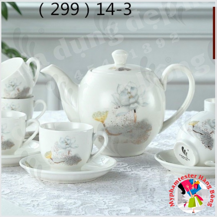 Bộ ấm chén sứ tròn hoa sen đài vàng sương tím mã (299) 14-3