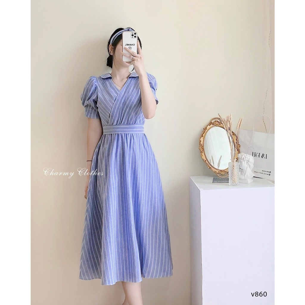 ✨BÁN SỈ✨Đầm kẻ xanh chéo đai eo dài 115cm