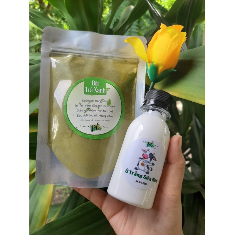 Combo bột trà xanh Cosmetic + ủ sữa non Cosmetic tặng kèm que đắp mặt nạ và scrunchies