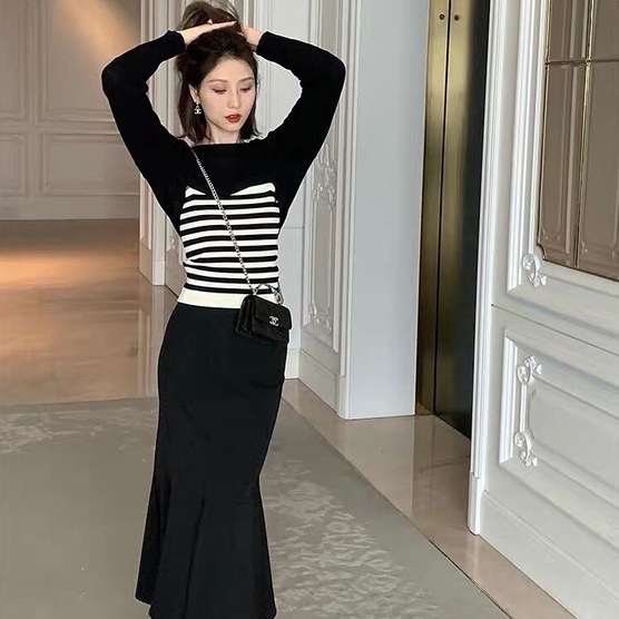 Áo 2 dây ZHELIHANGFEI dài tay eo cao phối khăn choàng kẻ sọc kiểu Pháp xinh xắn