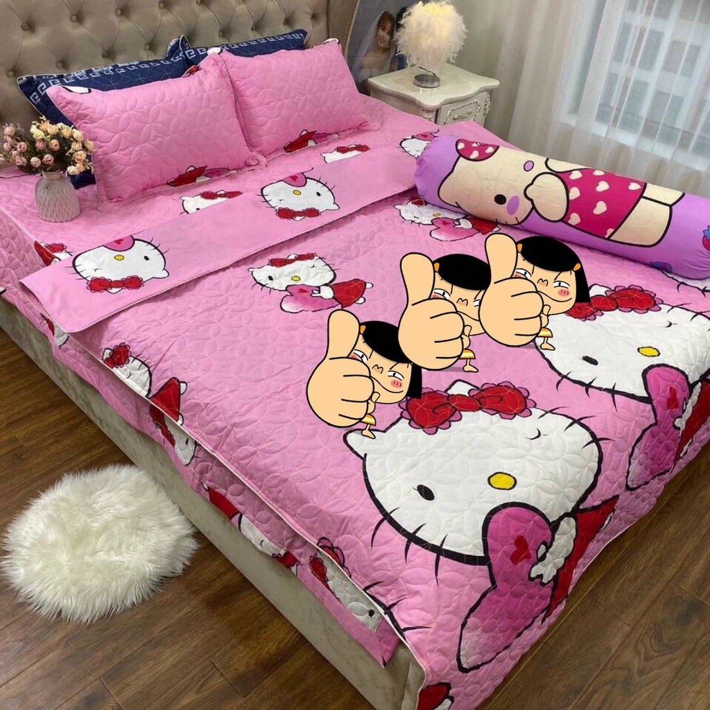 ❣ ️Bộ Ga Phủ Mẫu Kitty Tim Kèm 2 Vỏ Gối Coton Trần Bông Dày Dặn ❣️ 1m6/1m8/2m2 - Drap xẻ góc trùm đệm