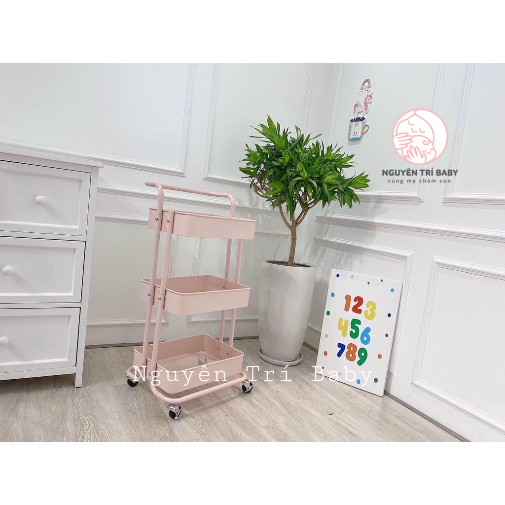 Kệ sắt đa năng 3 tầng sơn tĩnh điện, đựng đồ em bé, có tay cầm và bánh xe