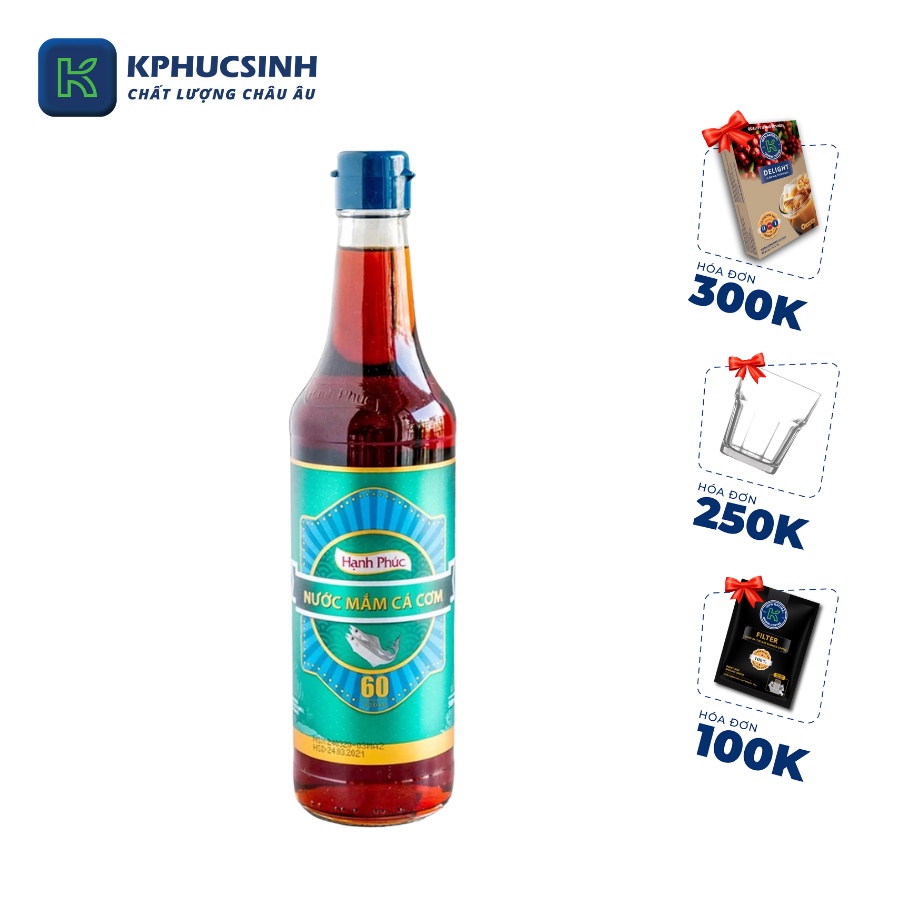 Nước mắm cá cơm Hạnh Phúc 60 độ đạm chai 500ml KPHUCSINH - Hàng Chính Hãng