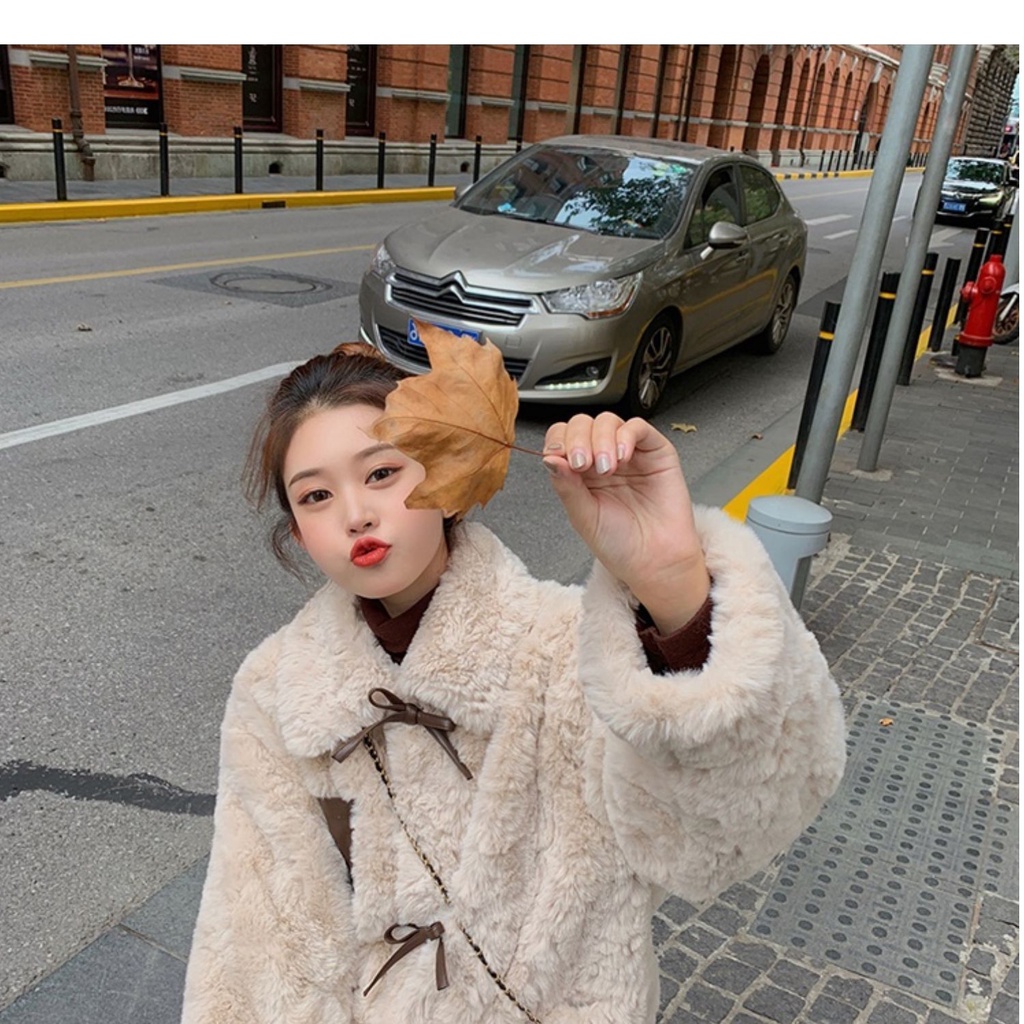 Áo khoác lông thỏ dày dáng rộng thắt nơ phong cách Hàn Quốc thời trang 2021 dành cho nữ