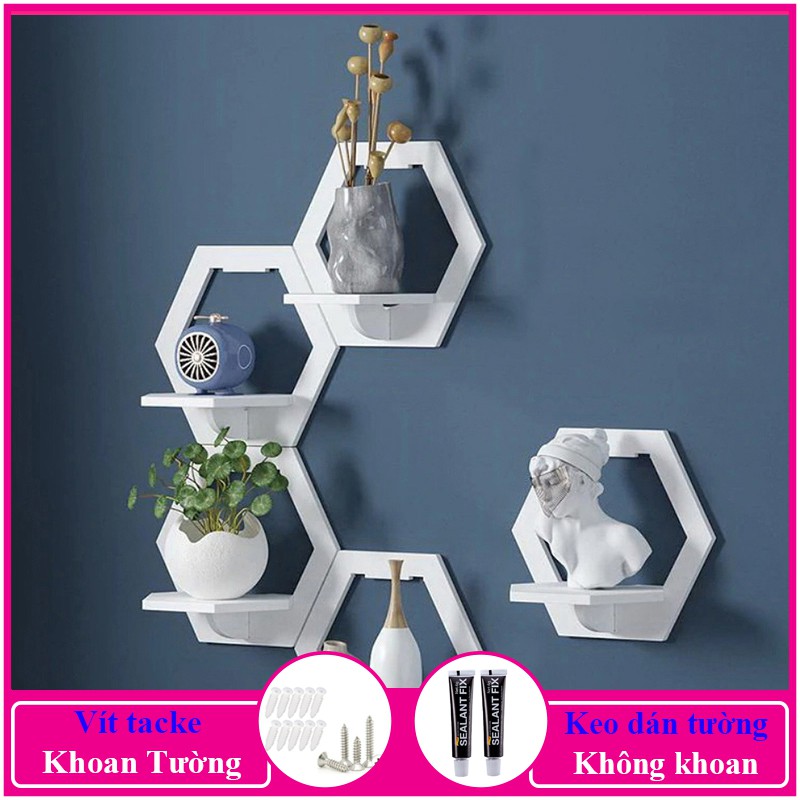 Kệ treo tường trang trí không cần khoan, chất liệu gỗ nhựa cao cấp màu trắng, decor không gian sống - a27