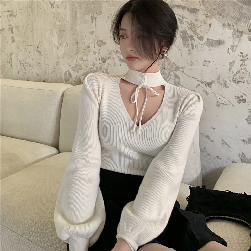 Áo sweater dệt kim ZHELIHANGFEI cổ V tay phồng gợi cảm thời trang cho nữ