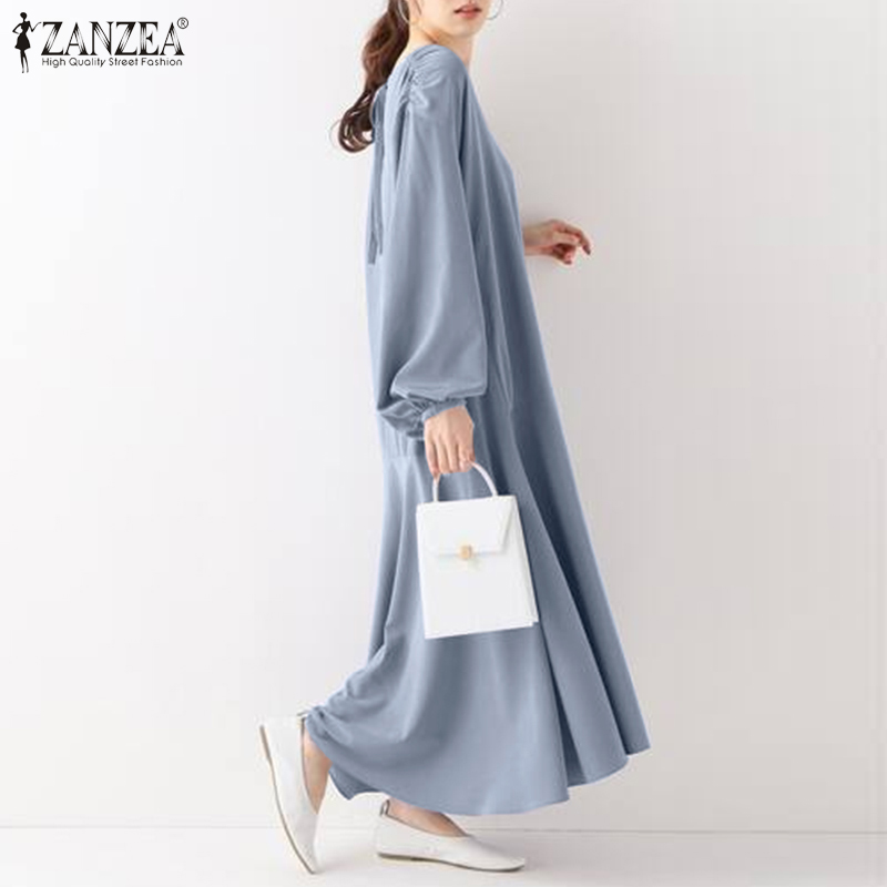 Đầm Maxi ZANZEA Cổ V Tay Phồng Màu Trơn Thời Trang Cho Nữ