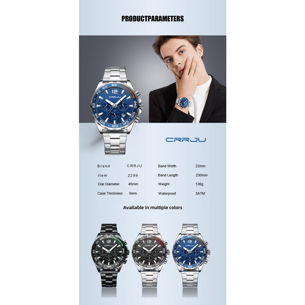 Đồng hồ nam CRRJU Thời trang Thạch anh mới đa chức năng Thép không gỉ chống thấm nước 2299 X