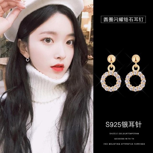 Hoa tai khuyên tròn đính hạt bạc 925