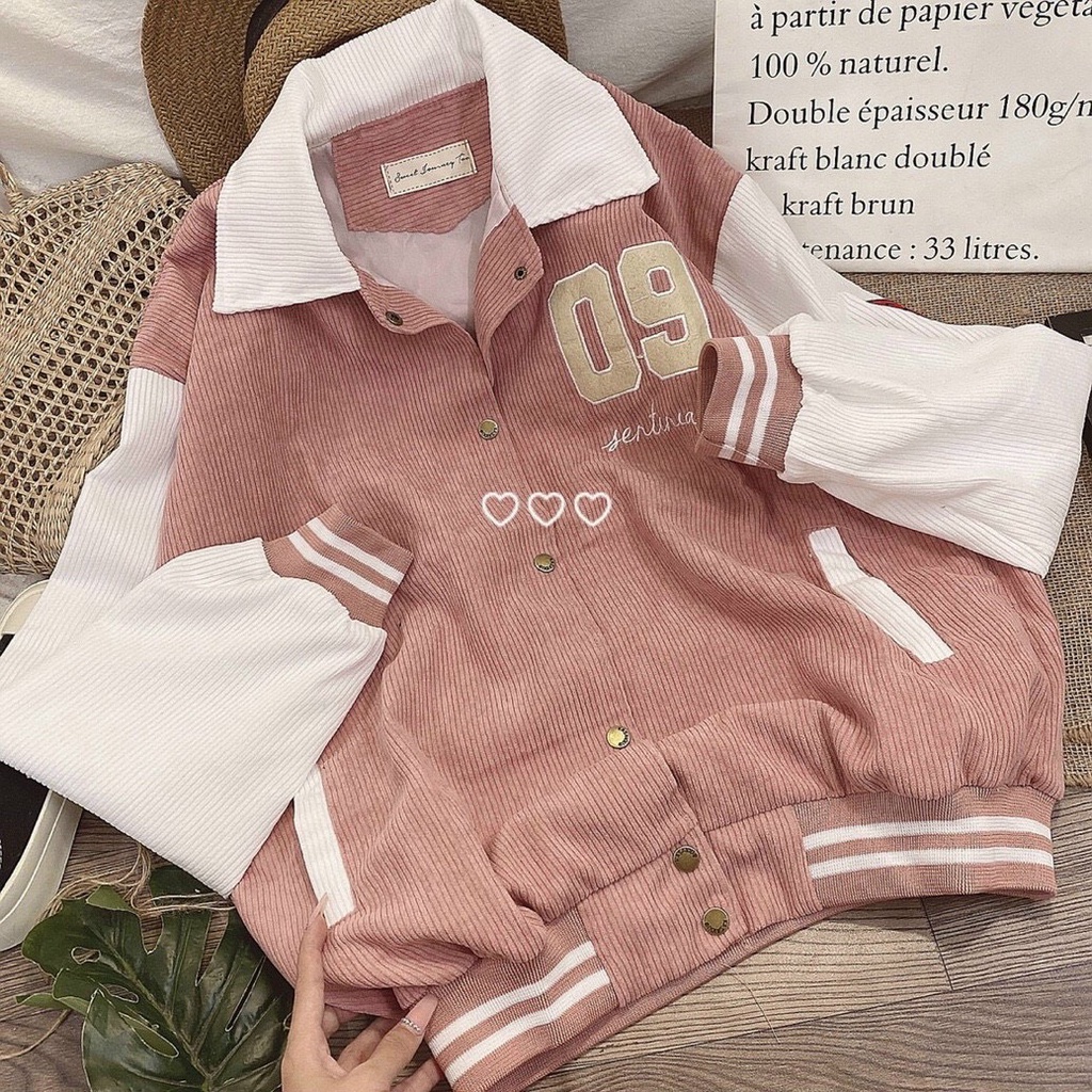 Áo Khoác Bomber Nhung Gân Thêu 09 Phối Cổ Unisex Form Rộng 2 lớp Nhung