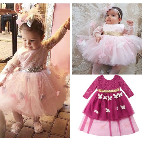 Đầm công chúa vải tuyn dài tay phối kim sa đính nơ và bướm xinh xắn cho bé gái
