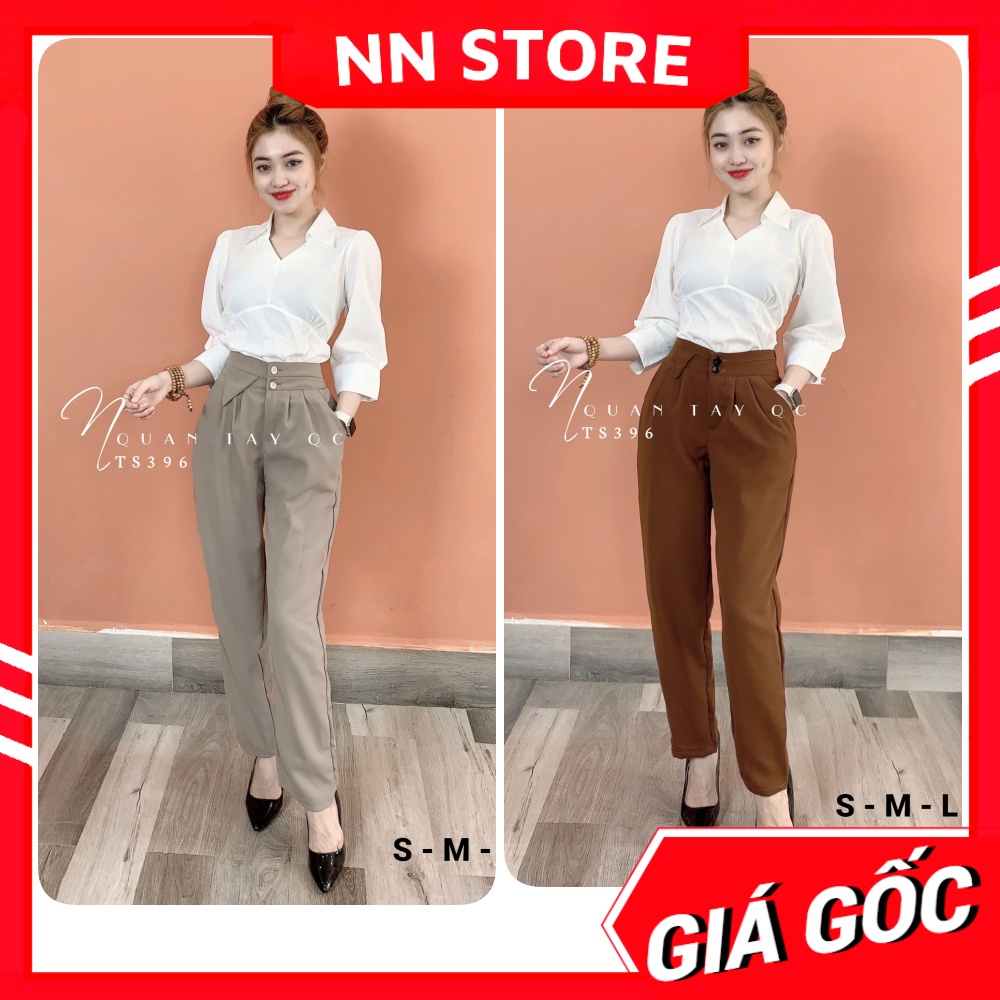 Quần tây công sở nữ cạp cao chất vải mềm mịn lưng phối kiểu 2 nút Quần tây dáng baggy TS396