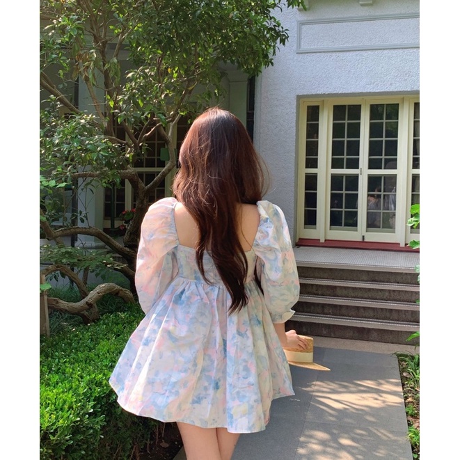 Váy Babydoll Hoa Nhí NKO Store Ngắn Dài Tay Cổ Vuông Hàng Quảnng Châu V18