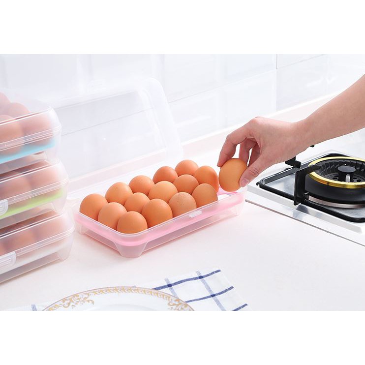 Hộp đựng trứng khay trứng 15 lỗ có nắp mở thoáng gió tiện lợi bảo quản trong tủ lạnh 25x15x7cm