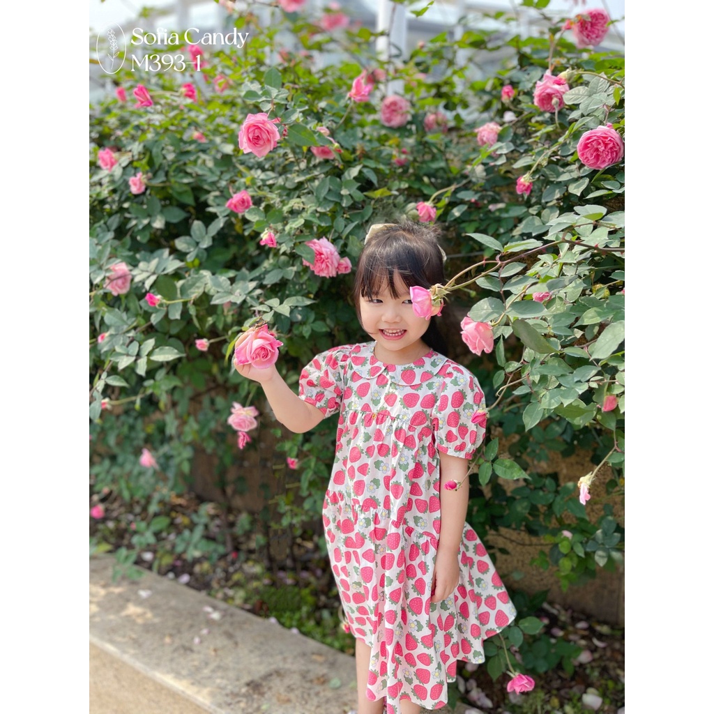 VNXK-VÁY SOFIA THIẾT KẾ FORM RỘNG HÌNH IN TRÁI DÂU, TAY PHỒNG CHO BÉ GÁI -MÃ ĐBG02