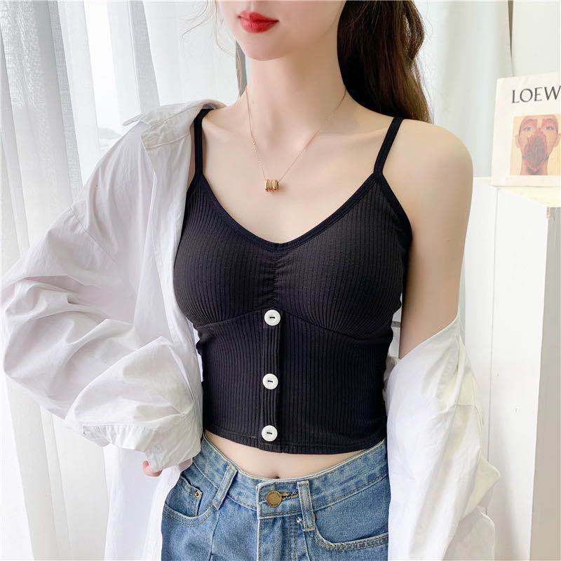 Áo croptop 2 dây giả cúc ZOZORO chất cotton tinh khiết thoáng mát co dãn có lót ngực - ABN2