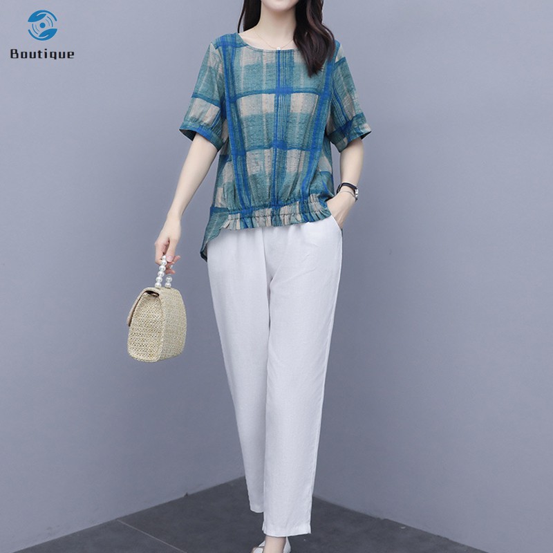  Women's Shirts Pants Suit Plaid Cotton Top Cotton Fabric Pants Fashion Casual Short Sleeve Summer Suit