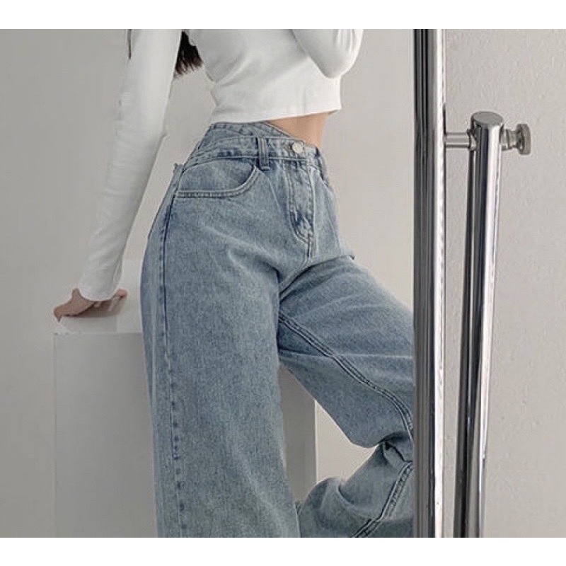 Quần Jeans Baggy [99k TDSHOPX6] Ống Rộng Cạp Chéo Cao Nữ, Quần Bò Suông Style Hàn Quốc 2021 -Anh Ribi