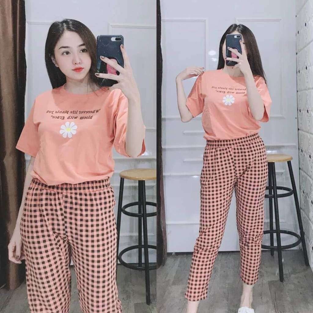 Đồ bộ nữ đẹp, Đồ bộ mặc nhà thun cotton thêu HOA CÚC SDB05 - Chất thun co giãn thoải mái - Sumon Shop