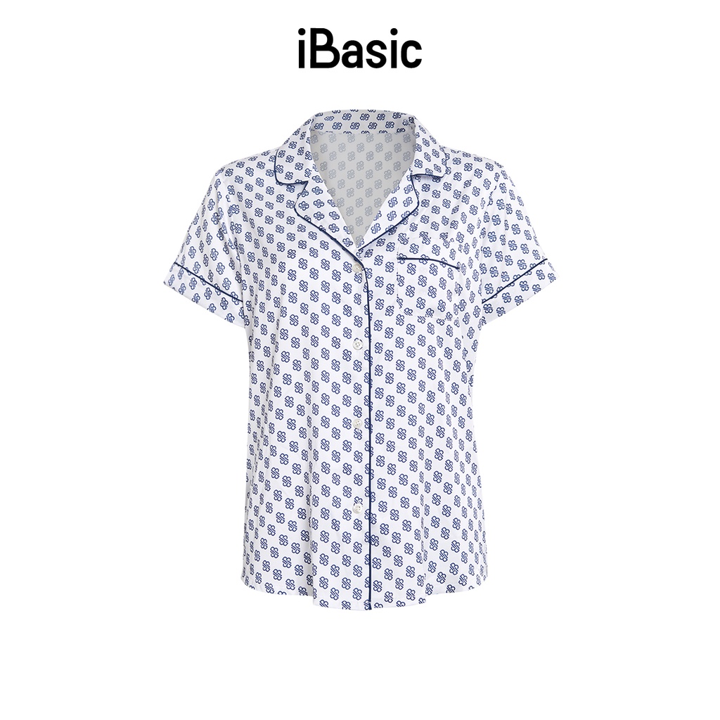 Áo pyjama nữ lụa Satin tay ngắn hoạ tiết icon iBasic HOMW028T