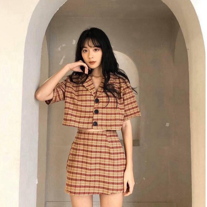 Set váy kẻ vintage / Set áo croptop mix chân váy kẻ siêu xinh