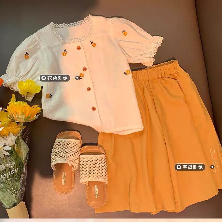 Bộ Áo Sơ Mi Thêu Họa Tiết 2022 + Quần Dài Phong Cách Hàn Quốc Mới Cho Bé Gái