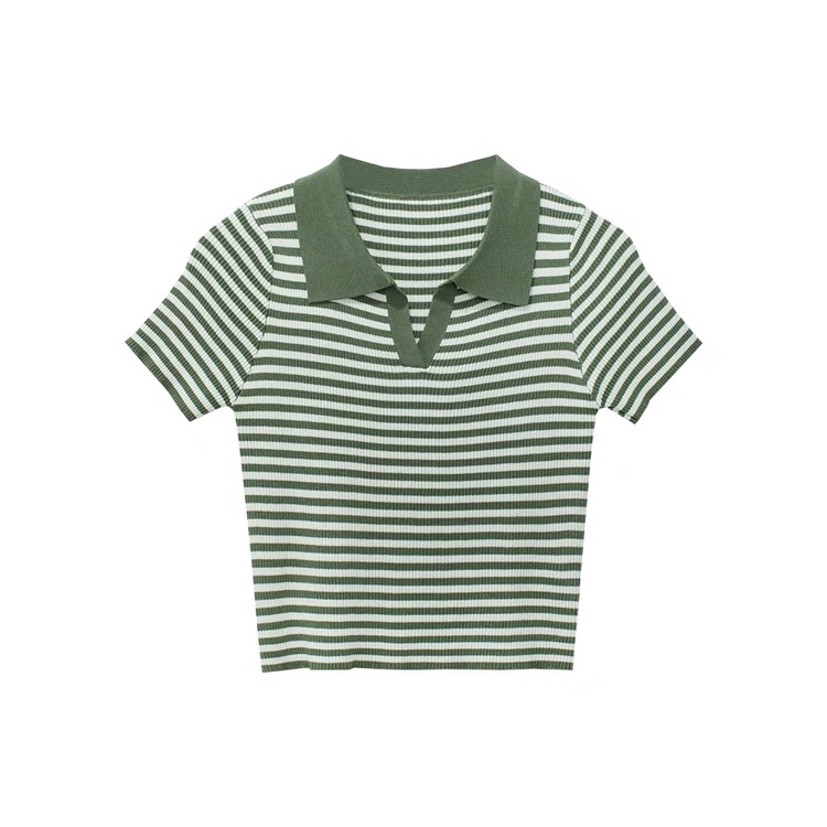 Áo thun polo QADCOL ngắn tay họa tiết kẻ sọc màu tương phản phong cách Hàn Quốc cho nữ