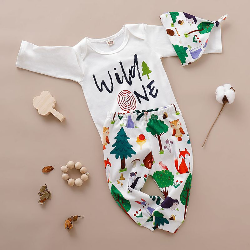 Mary☆3pcs Casual Baby Outfits Romper Tops+Cartoon Animals Pants+Hat Clothing 0-18M