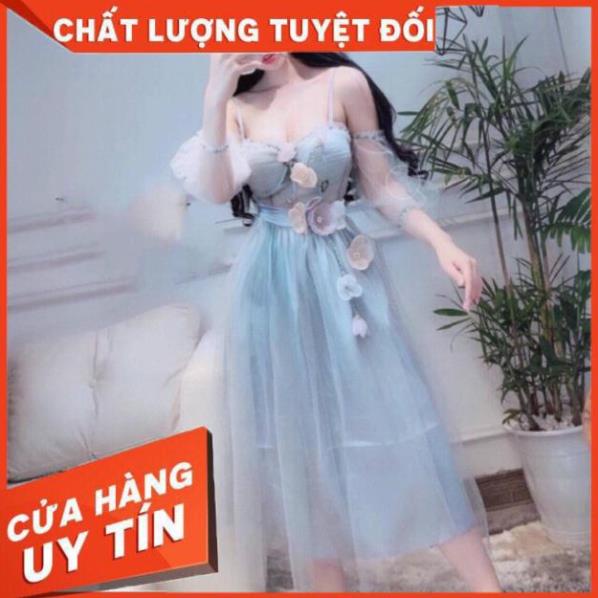 Đầm dự tiệc 2 dây trễ vai lưới tay lỡ xinh yêu kết hoa nổi và cườm - size M/L ( có ảnh/video thật) MS101V
