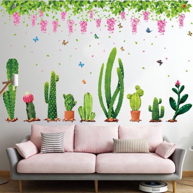 Decal dán tường tán hoa tigon và xương rồng trang trí phòng khách