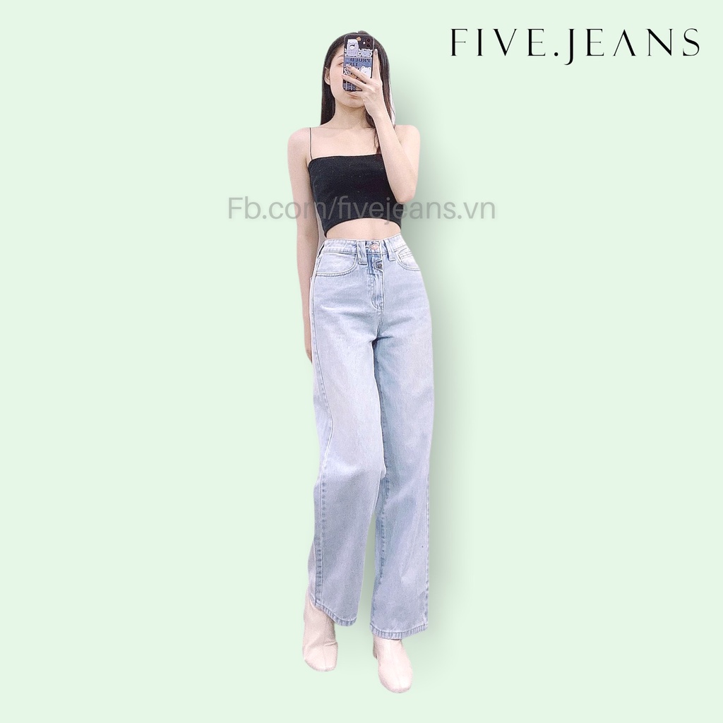 Quần Jeans nữ phom ống xuông rộng lưng cao 2 nút dọc màu xanh nhạt thời trang phong cách Five Jeans