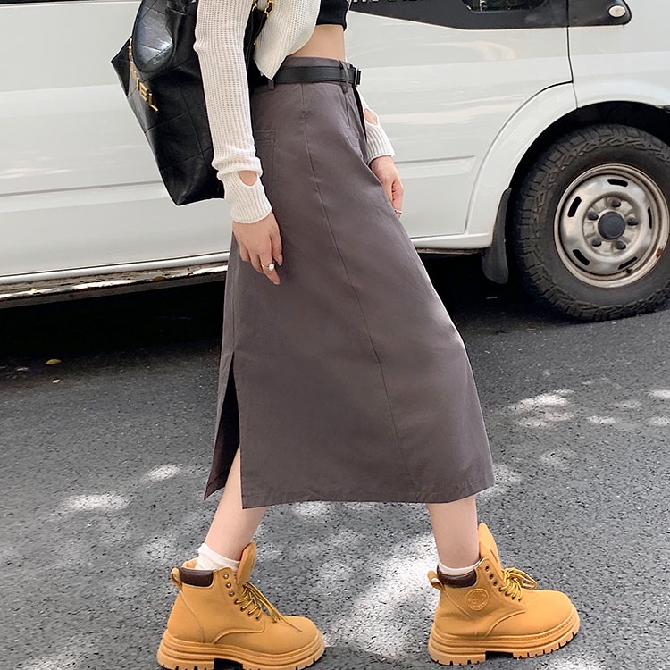 SUXI Chân Váy Dài Dáng Chữ A Lưng Cao Màu Sắc Đơn Giản Phong Cách Hàn Quốc